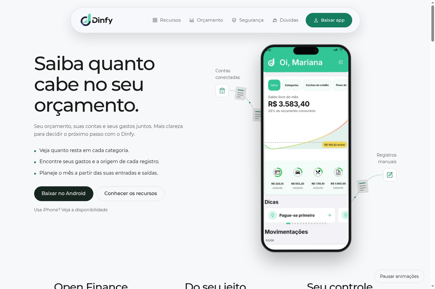 Captura real da Landing Page do Dinfy (Modo Claro)
