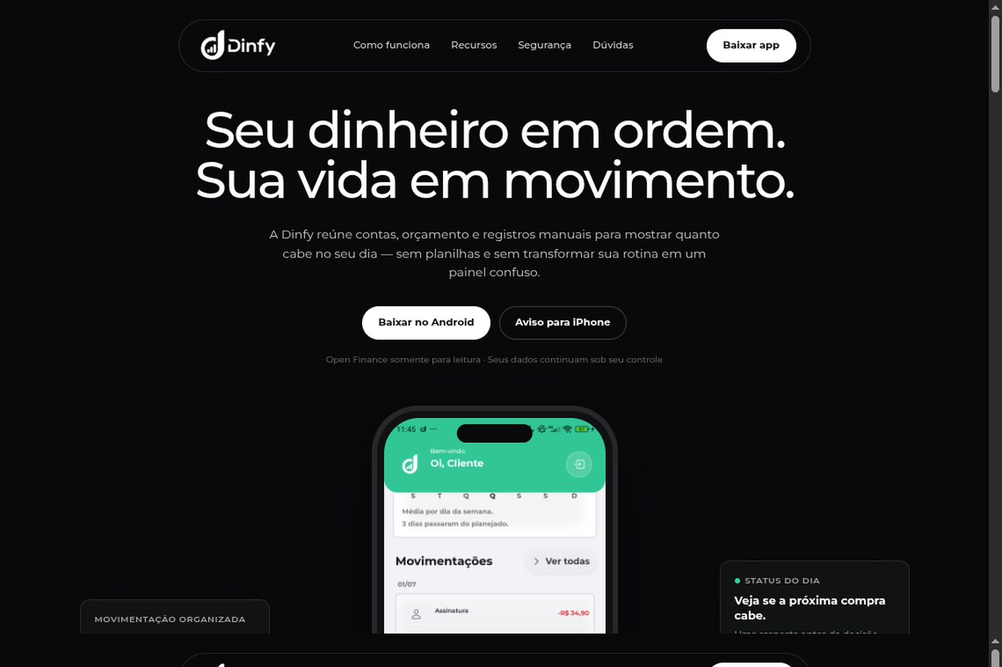 Captura real da Landing Page do Dinfy