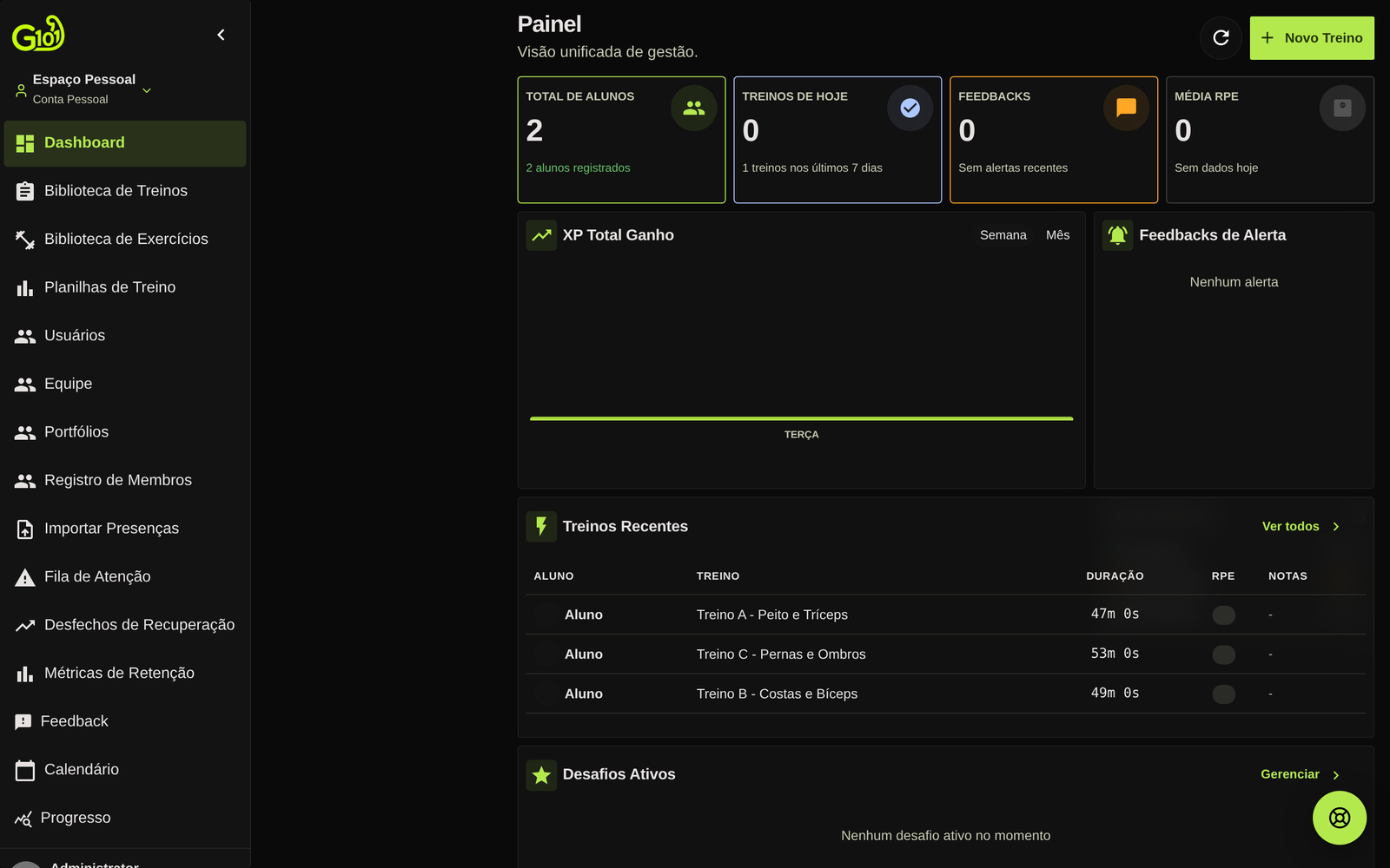 Dashboard de Gestão e Monitoramento de Alunos do Gym 101